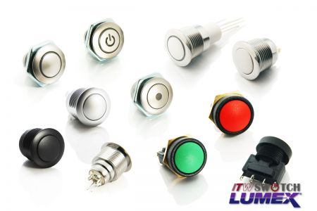 Interruptores de botão de 16 mm - O botão muda deITW Lumex Switchvêm em uma variedade de designs, todos compatíveis com um recorte de painel de 16 mm.